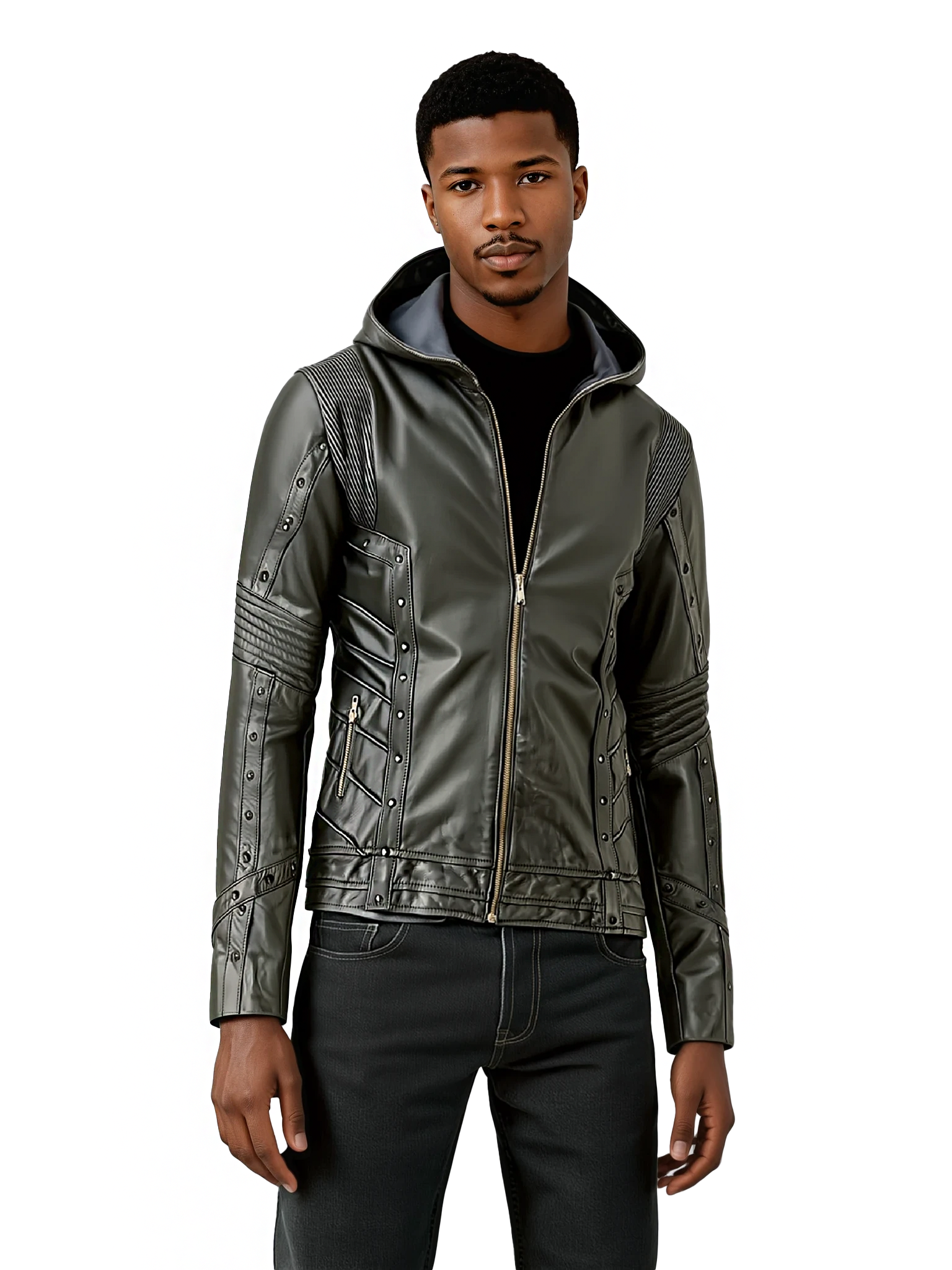 littleKINGDesigns | Men's Black Leather Jacket with Removable Hood
