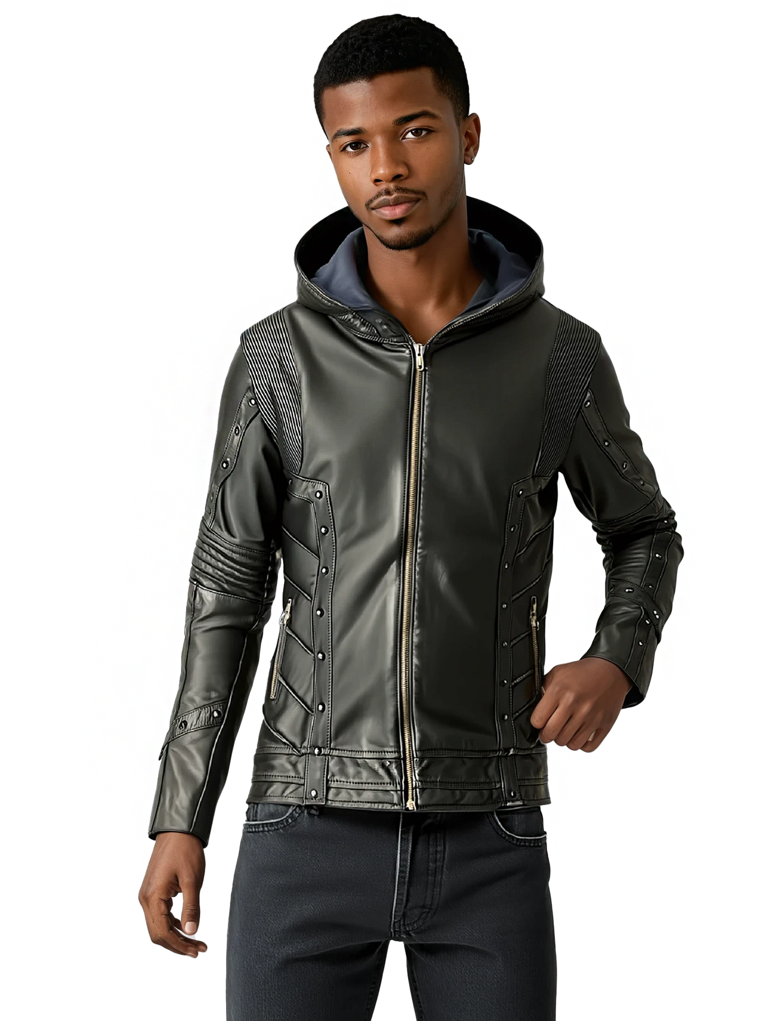 littleKINGDesigns | Men's Black Leather Jacket with Removable Hood