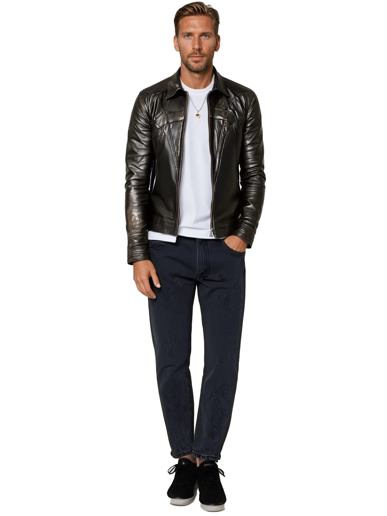 men's black leather jacket