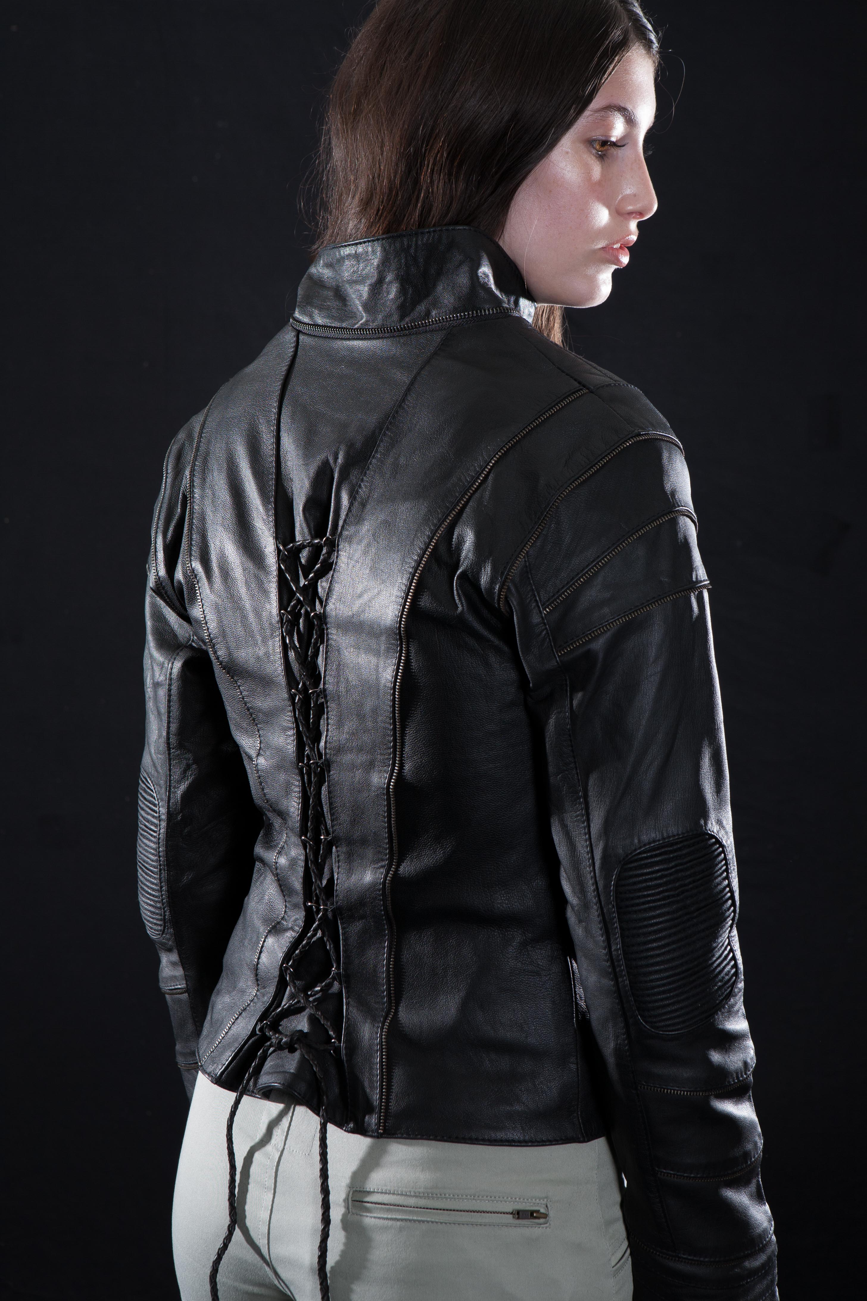 littleKINGDesigns | Interlace leather jacket for women showcases exquisite leather detailing