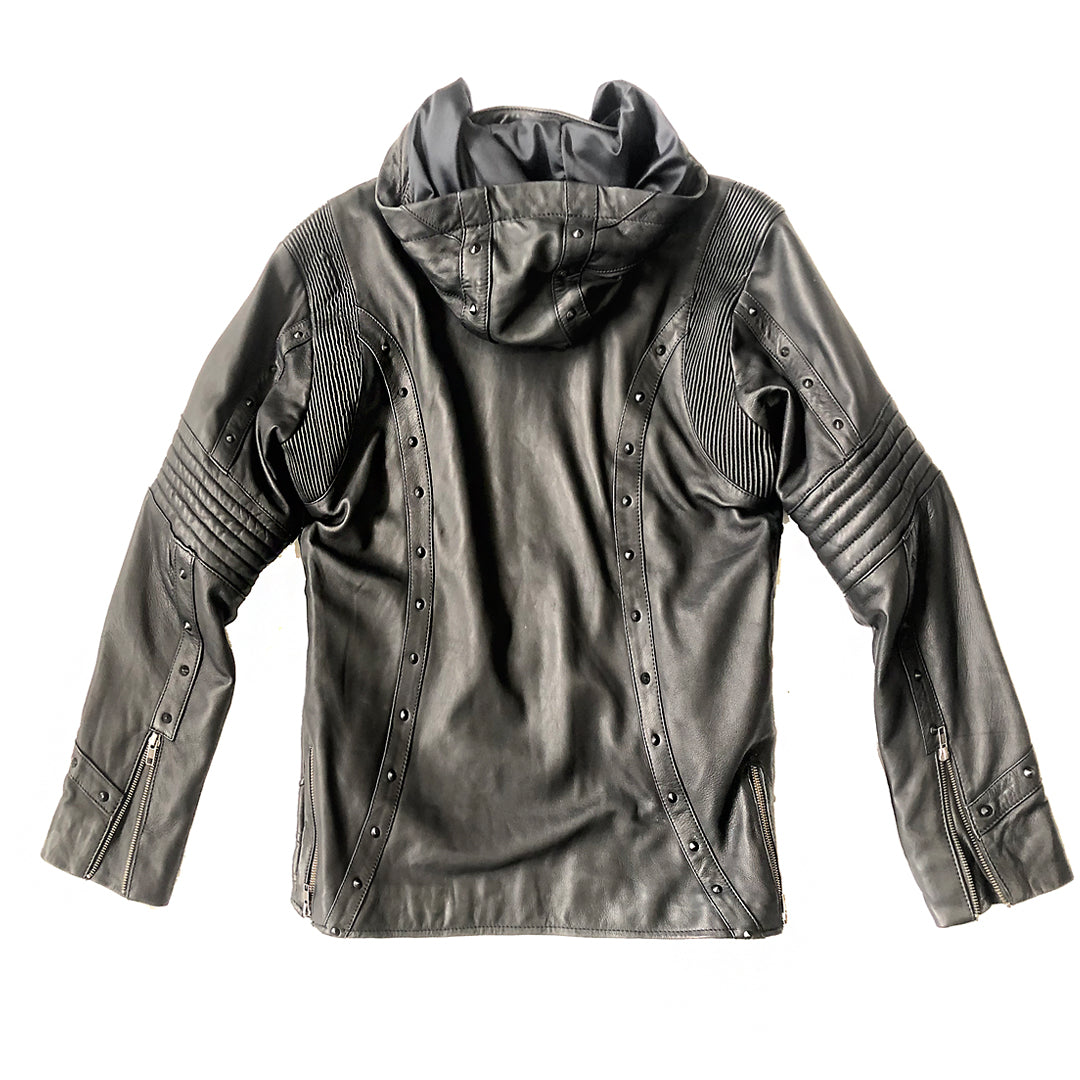 littleKINGDesigns | Men's Black Leather Jacket with Removable Hood