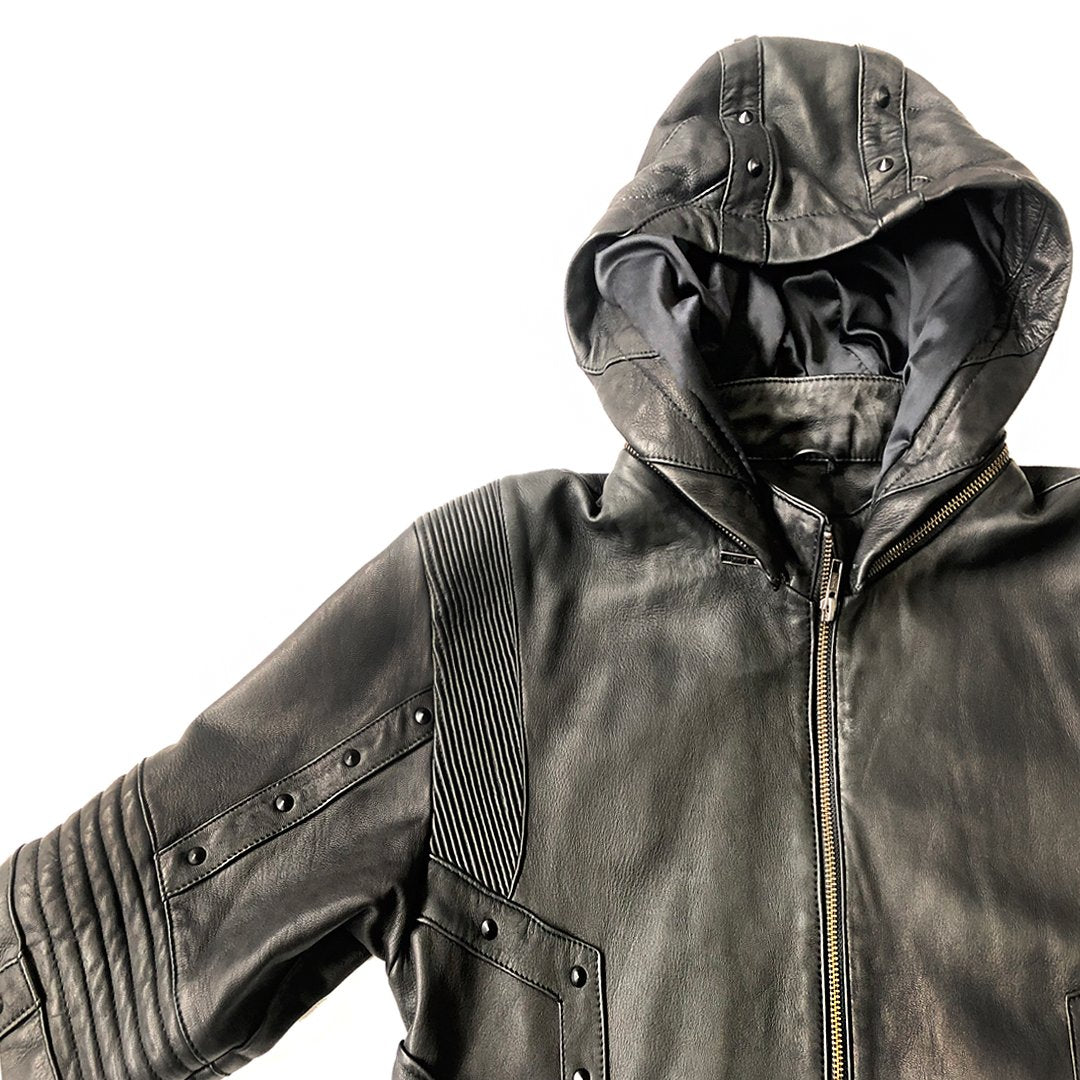 littleKINGDesigns | Men's Black Leather Jacket with Removable Hood