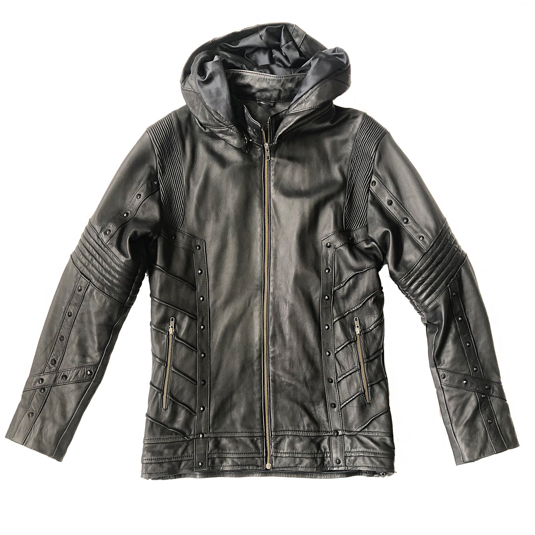 littleKINGDesigns | Men's Black Leather Jacket with Removable Hood