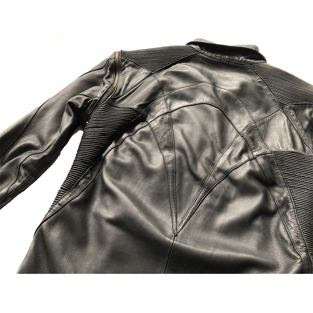 Men's black leather jacket crafted with modern streetwear vibes.
