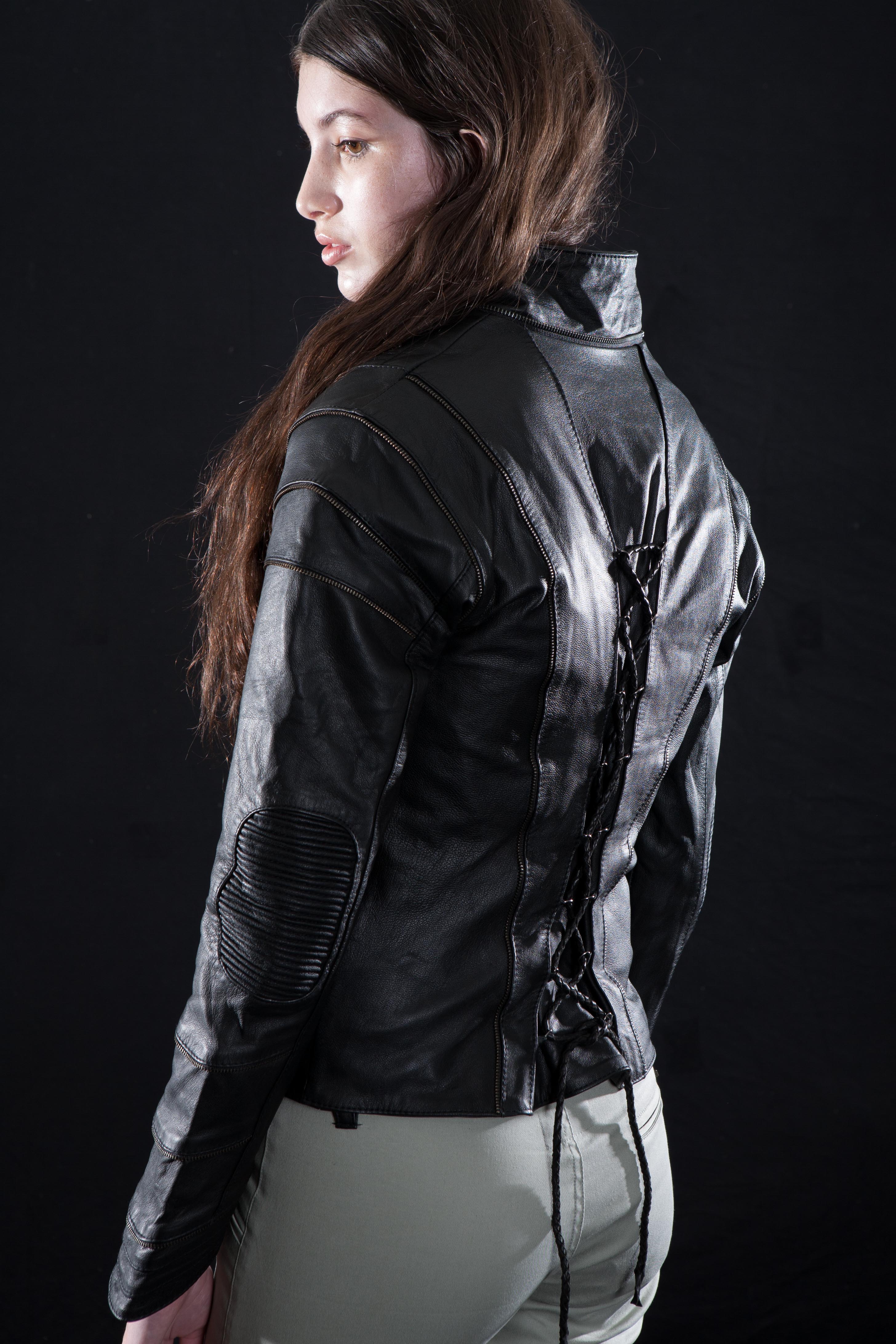 littleKINGDesigns | Interlace leather jacket for women showcases exquisite leather detailing 